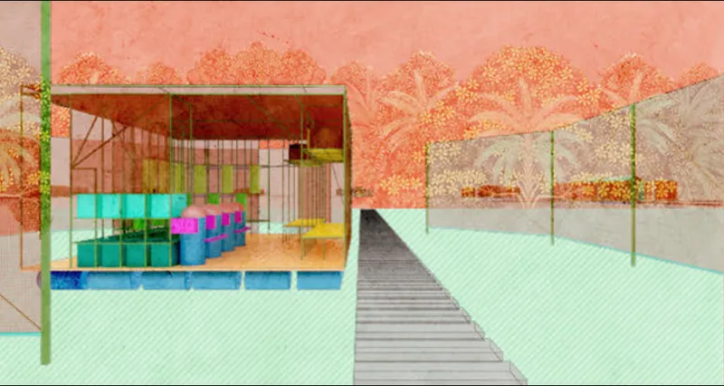Rendered perspective showing glass pavilions with flat roofs connected by a wooden boardwalk through landscape