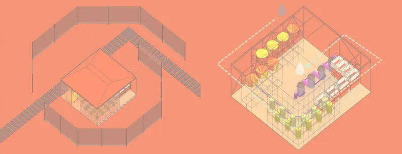 Axonometric drawing of two pavilion structures with one showing enclosed walls and the other revealing interior furnishings