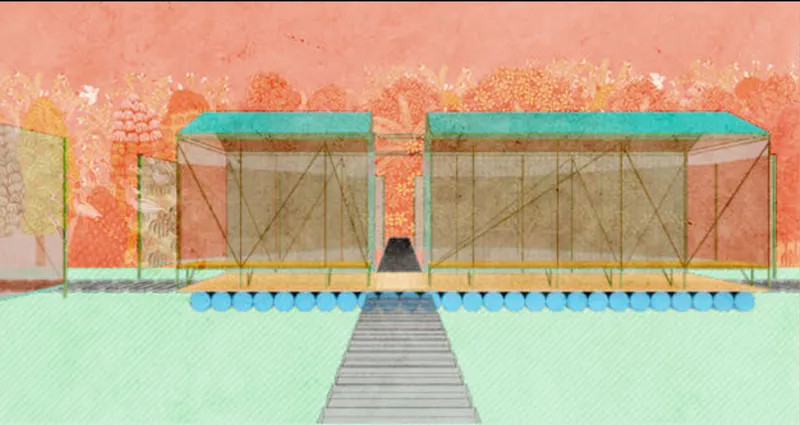 Elevation drawing of twin pavilions with turquoise roofs and glass walls elevated on blue cylindrical supports