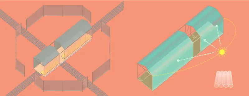 Axonometric drawing showing two linear pavilion volumes with barrel-vaulted roofs and translucent enclosures