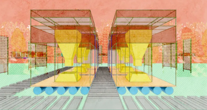 Perspective rendering through paired pavilions with yellow glass volumes flanking a central boardwalk over water