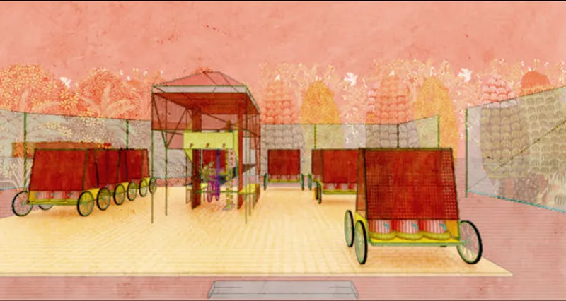 Perspective rendering showing a canopied entry pavilion with red screens and yellow bikes on a paved plaza