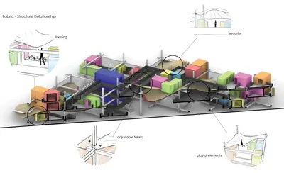 This architectural image presents a conceptual design exploring the relationship between fabric and 