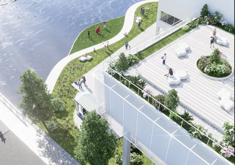 Aerial view of waterfront terrace with curved planted lawn edge and wooden deck with circular planters