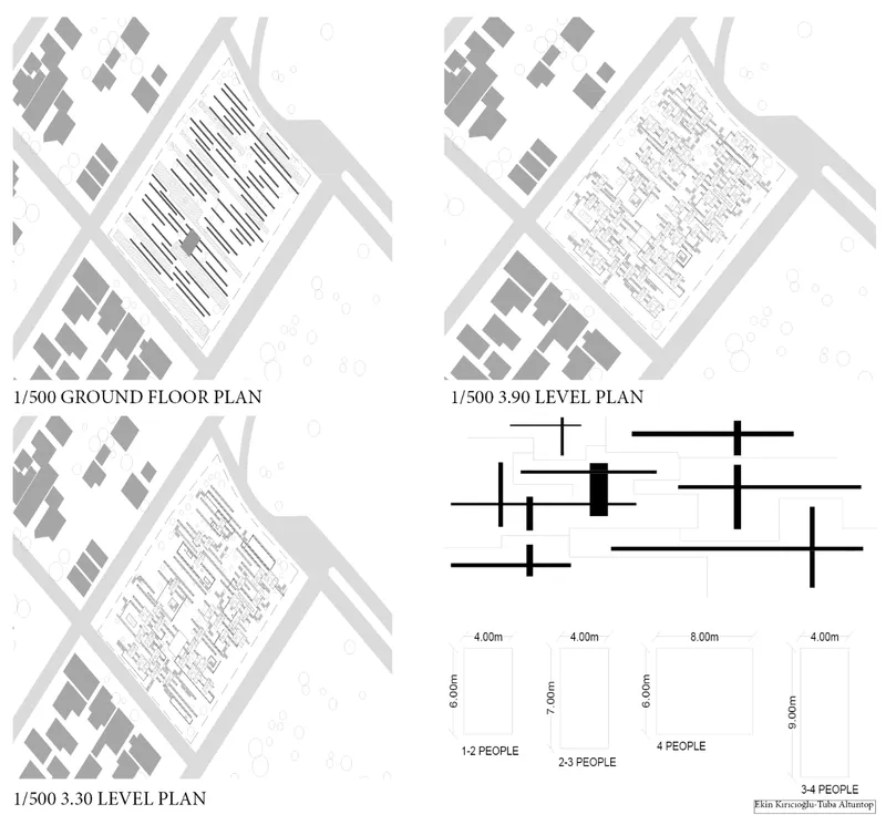 Plan drawings at multiple levels with diagram indicating occupancy densities per unit
