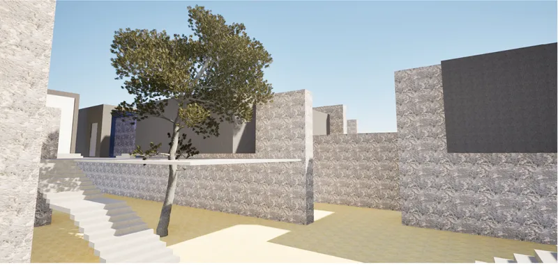 Rendered view of textured stone walls terraced across a sandy courtyard with a single tree