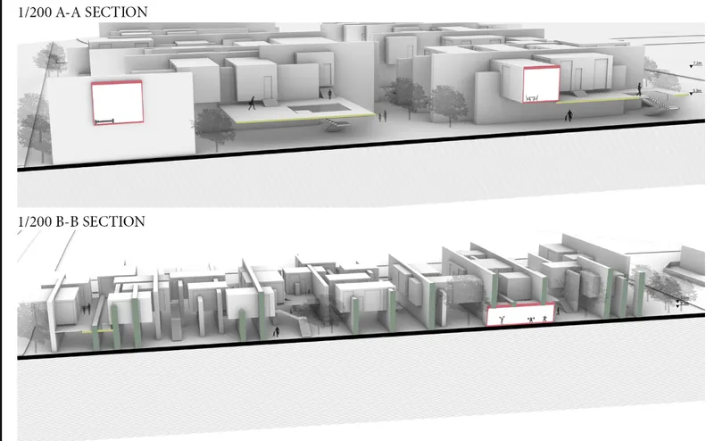 Section drawings showing massing of housing blocks with figures and trees in context