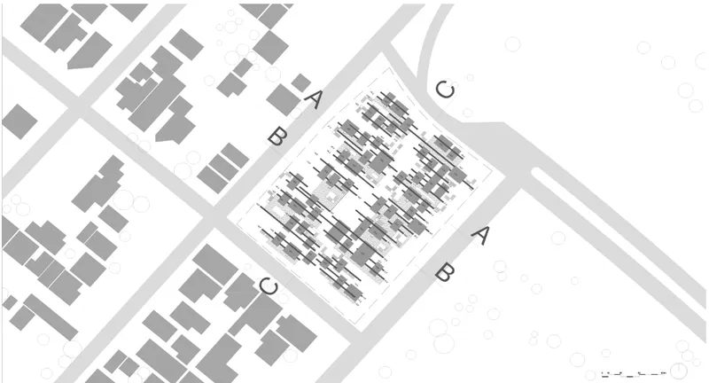 Site plan drawing showing dense linear housing arrangement within surrounding street grid