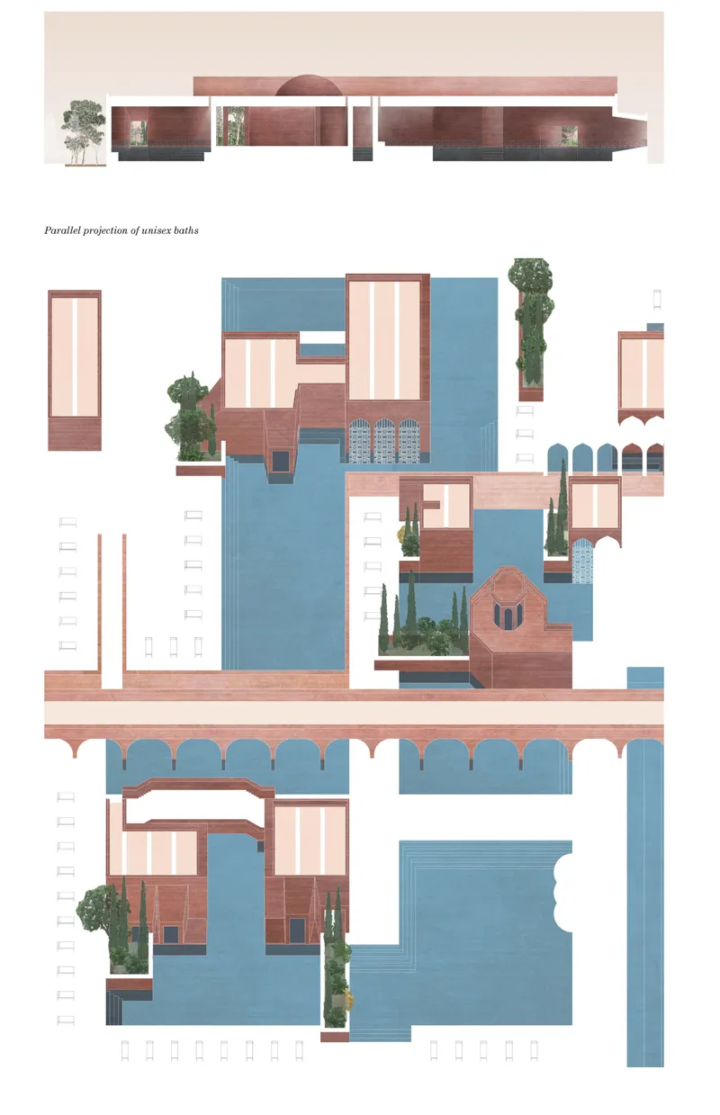 Plan drawing showing layered courtyards with pools, arches, and scattered trees in pink and blue