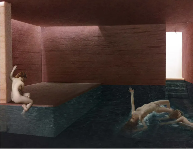 Interior pool space with rammed earth walls and figures bathing under concealed lighting