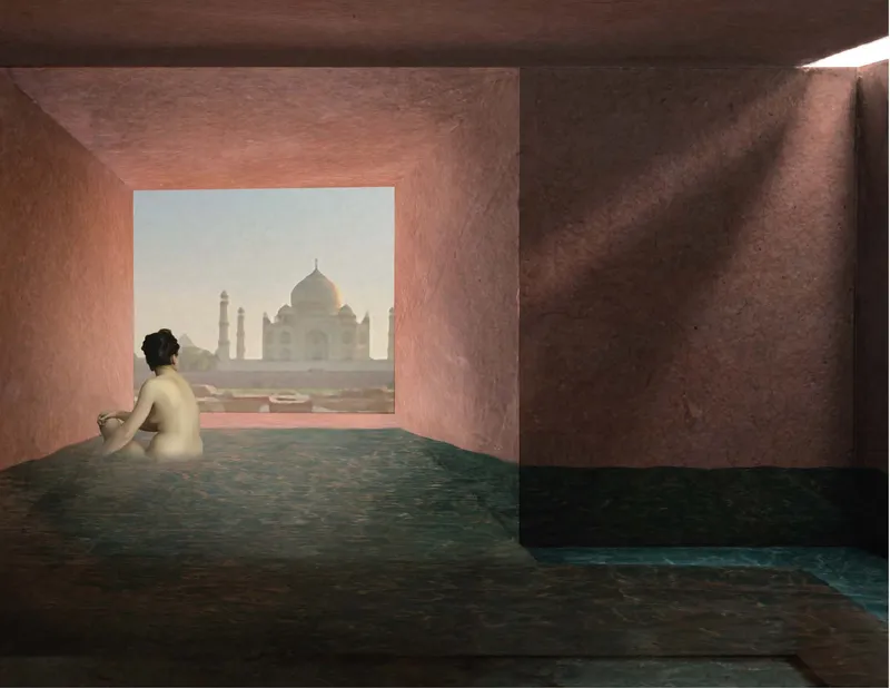 Pool chamber with window opening framing a domed monument in hazy afternoon light