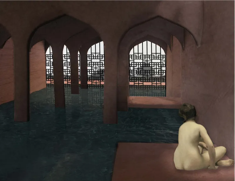 Arched openings with geometric screens overlooking a flooded pool space with a seated figure