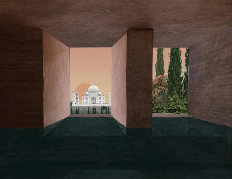 Twin openings framing a white domed monument and a garden with cypress trees at dusk