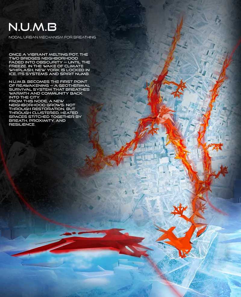 Aerial view rendering of branching red structures spreading across a frozen urban grid