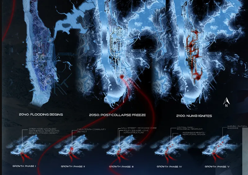 Plan view diagram showing phases of growth with red pathways extending through icy terrain