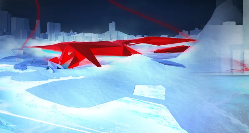 Low angle view of angular red canopy structure hovering above a frozen plaza