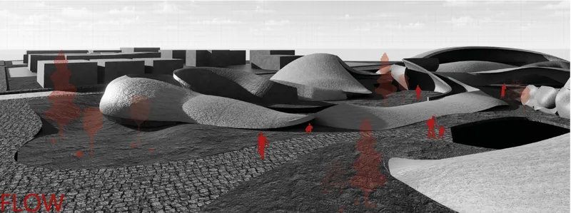 Ground-level model view of curving roof shells framing outdoor spaces with cobblestone paving and red figures