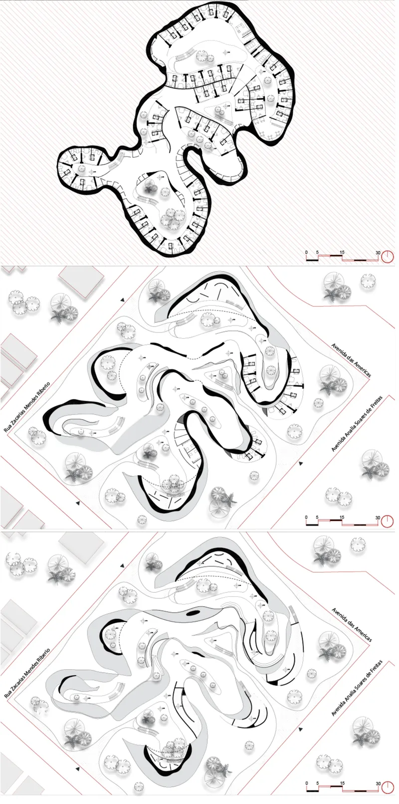 Three floor plans showing lobed volumes with landscaping and diagonal pathways through the surrounding site
