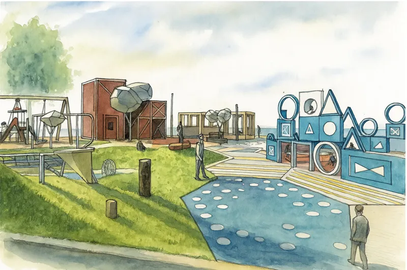Watercolor perspective of modular climbing towers, swings and geometric play wall with child figure