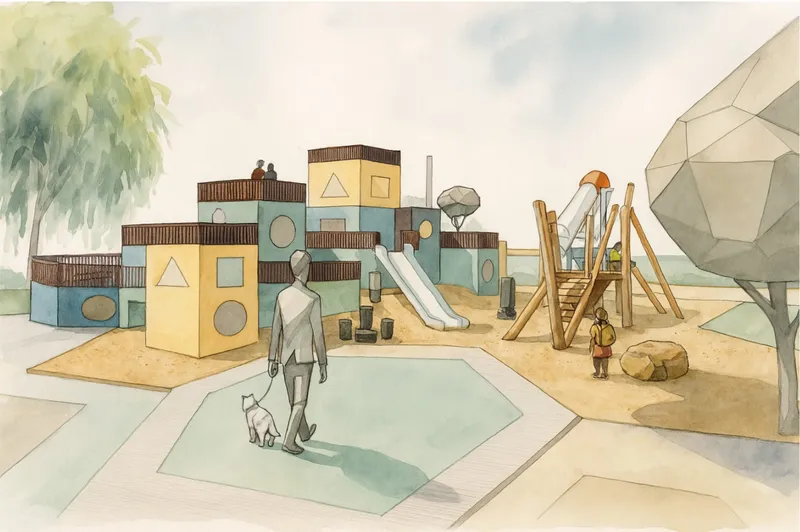 Watercolor rendering of stacked play cubes with cutout shapes and timber slide structure