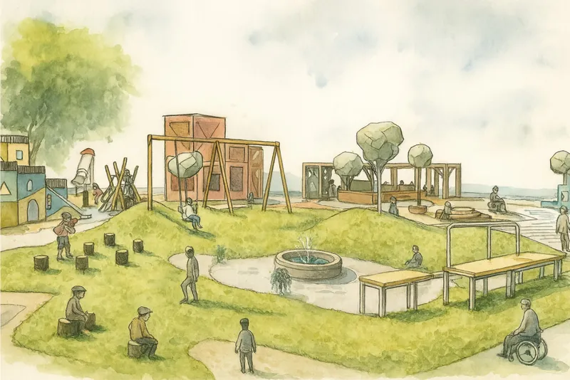 Watercolor view across terraced grass mounds with swings, timber frames and seated figures