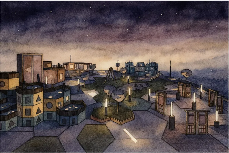 Night rendering of illuminated modular play structures on hexagonal paving under starry sky