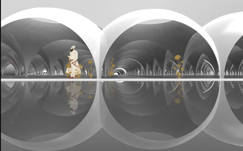 Interior view of repeating arched vaults reflected in a water pool with a figure walking alongside flowers