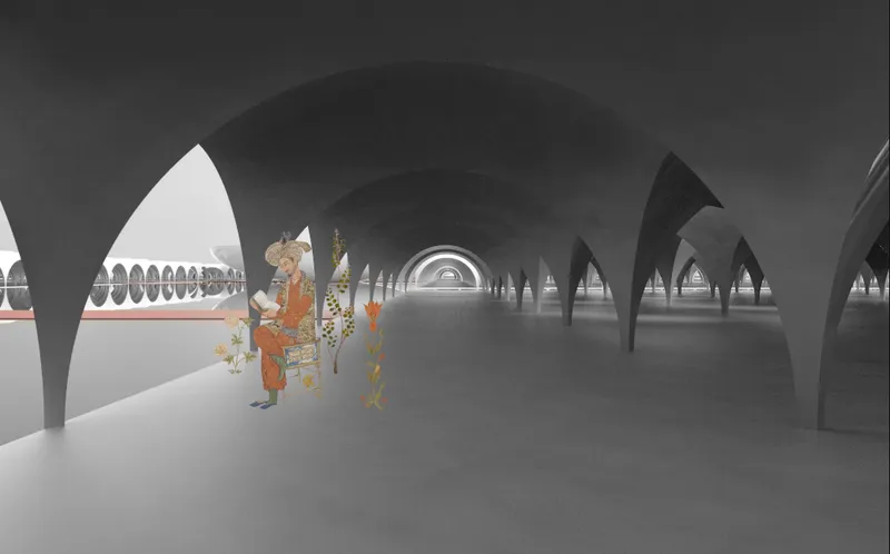 Vaulted corridor with pointed arches and a figure standing near an opening with courtyard views beyond