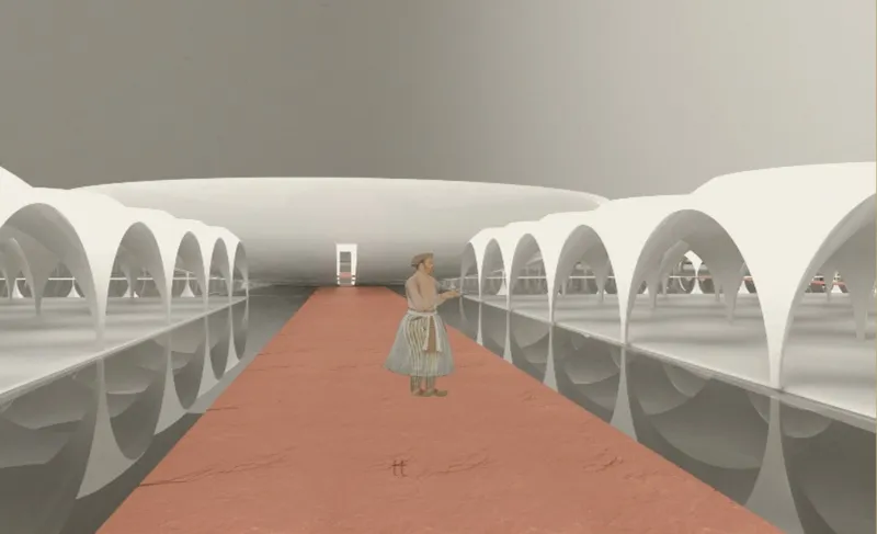 Long corridor flanked by arched openings and reflecting pools with a figure walking on terracotta flooring