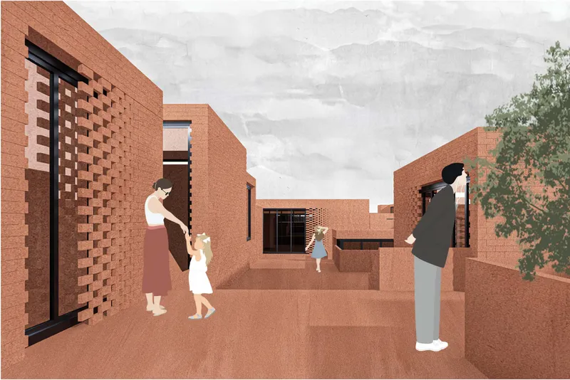 Rendered view of perforated brick screen wall and courtyard with figures walking among the volumes