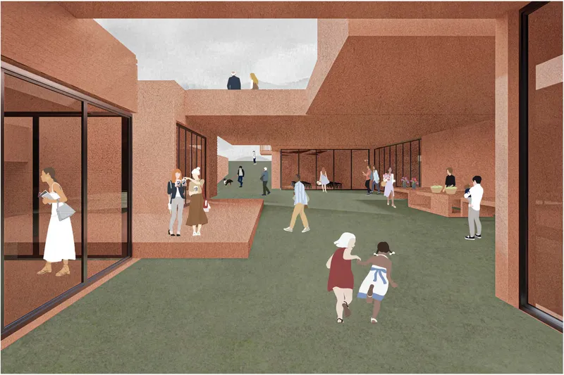 Rendered interior courtyard with green lawn and figures gathered beneath open-air rooftop terrace