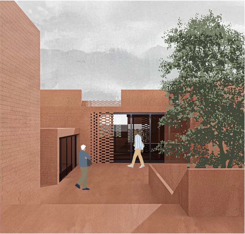 Rendered entrance view showing perforated brick screen and figures moving through terraced courtyard beside a tree