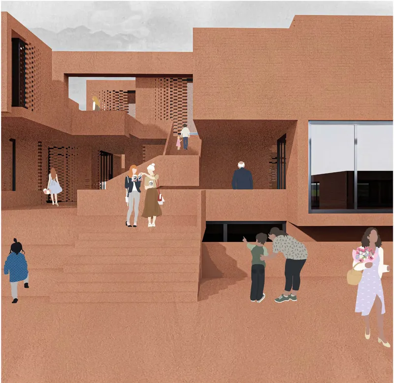 Rendered view of stepped courtyard with figures navigating multiple terraces between brick walls and glazed openings