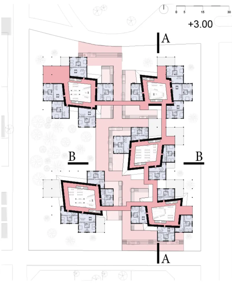 Floor plan at plus three meters with section cut lines showing five rotated pavilions connected by circulation spine