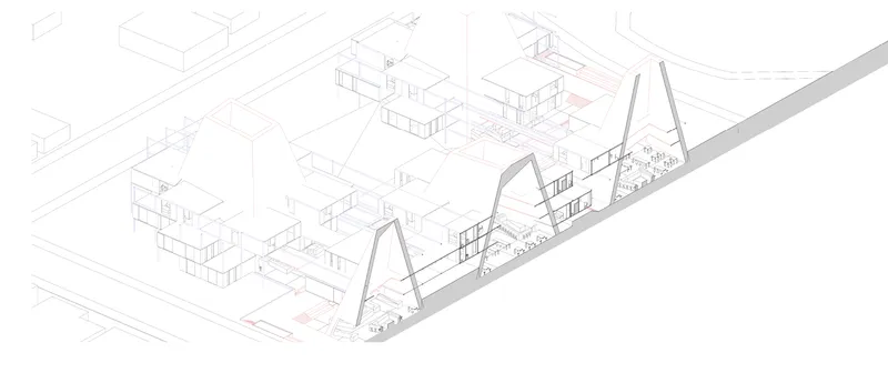 Axonometric drawing showing triangular gabled volumes along a street with surrounding low-rise residential context