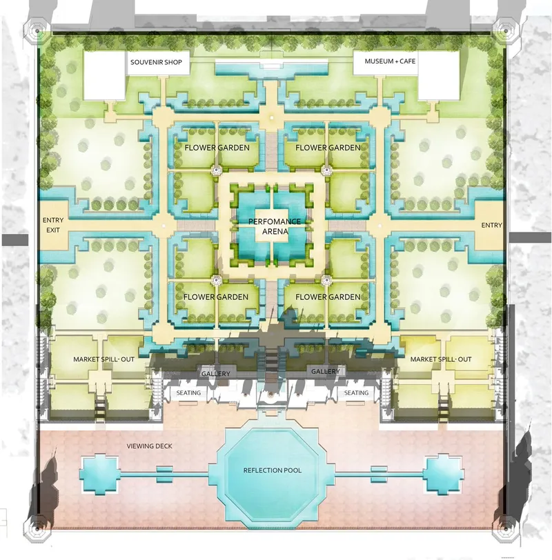 Floor plan drawing of a symmetrical complex with four flower gardens surrounding a central performance arena