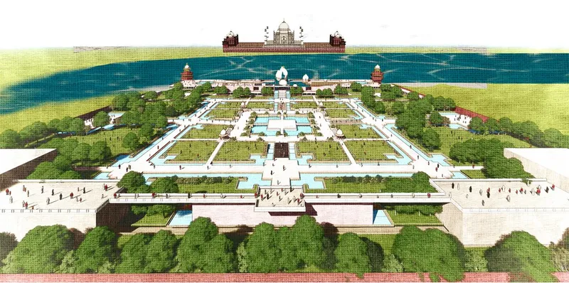 Aerial perspective rendering of a symmetrical walled garden complex with central water features and surrounding trees