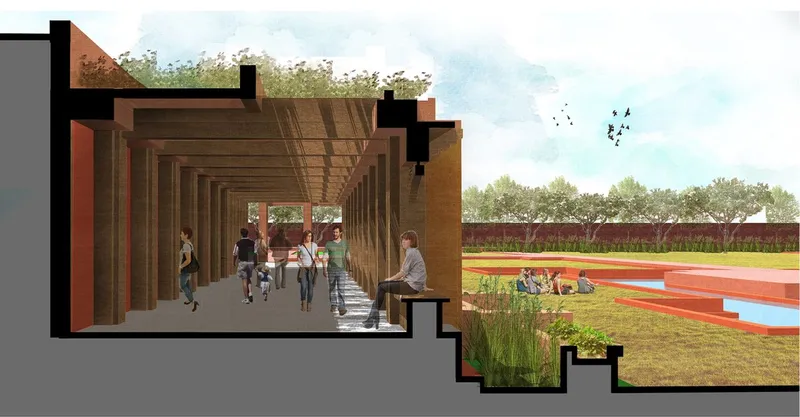 Rendered section cut through a covered colonnade with visitors overlooking planted beds and a reflecting pool