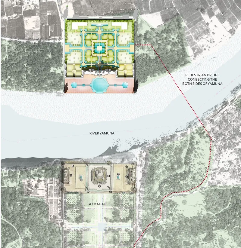 Site plan drawing showing two complexes along a river connected by a pedestrian bridge through forested area