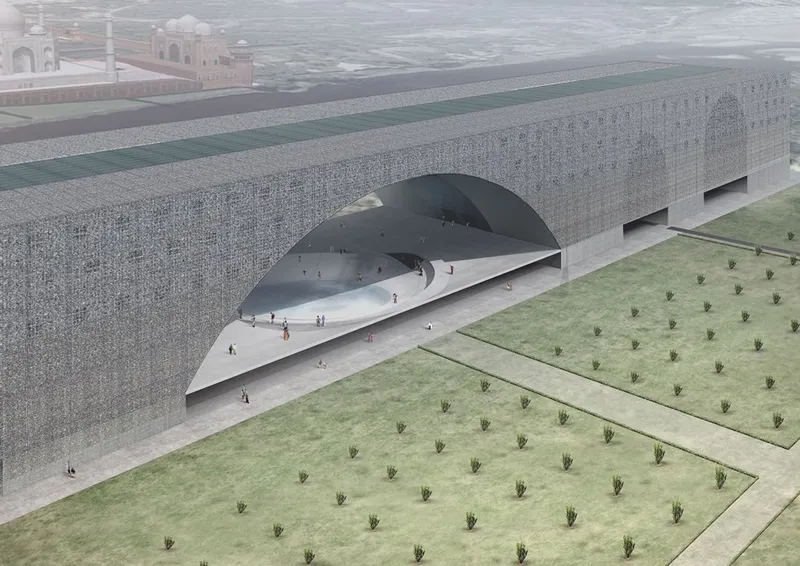 Aerial rendering showing a large arched opening in the textured stone wall with planted lawn and visitors