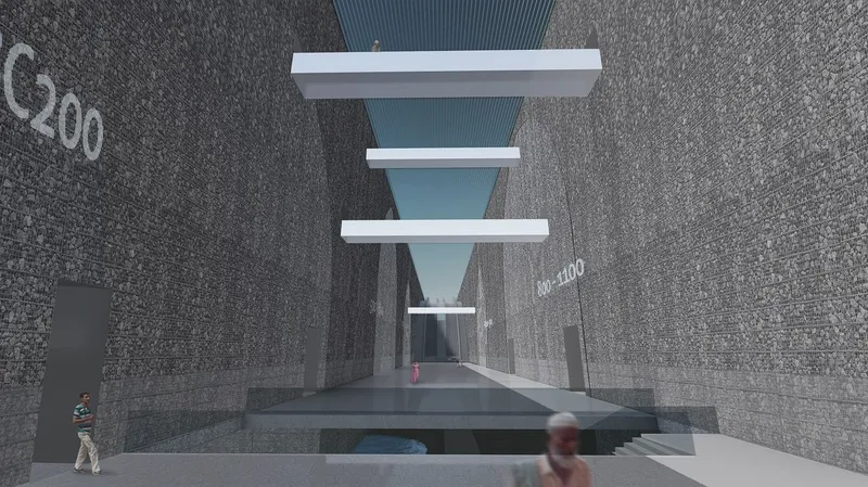 Interior rendering of the entry passage with suspended horizontal skylights and textured stone walls