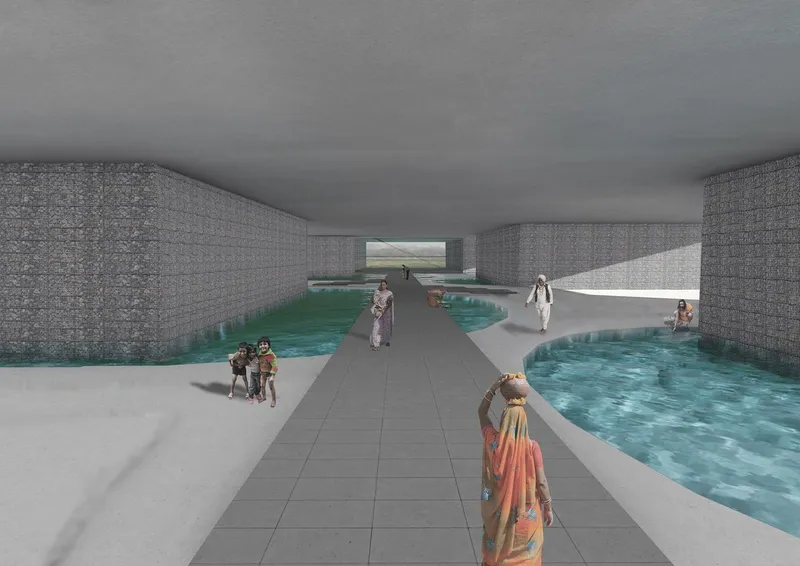Interior rendering of the water courtyard with shallow pools flanking a central walkway and visitors