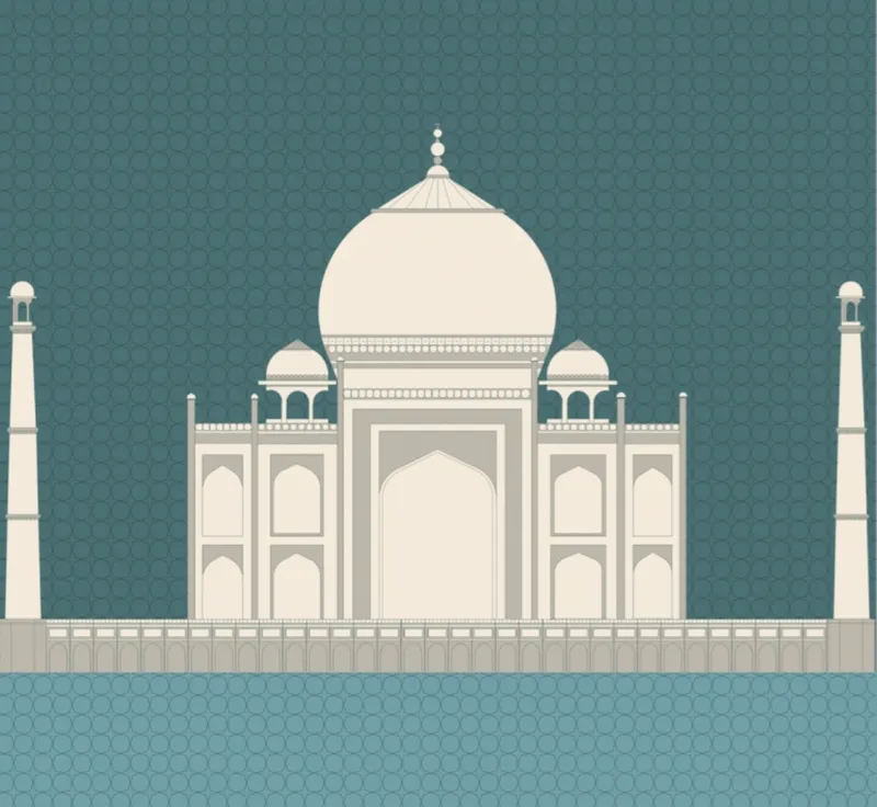 Elevation drawing of a domed structure with flanking minarets and arched openings on a platform base