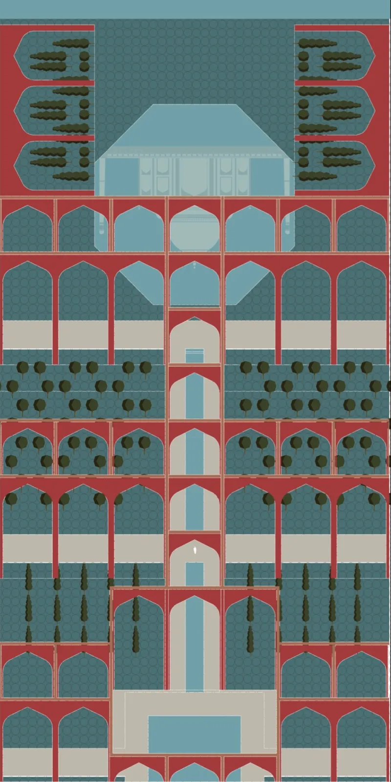 Site plan drawing showing symmetrical courtyard gardens with planted rows arranged around a central axial pathway