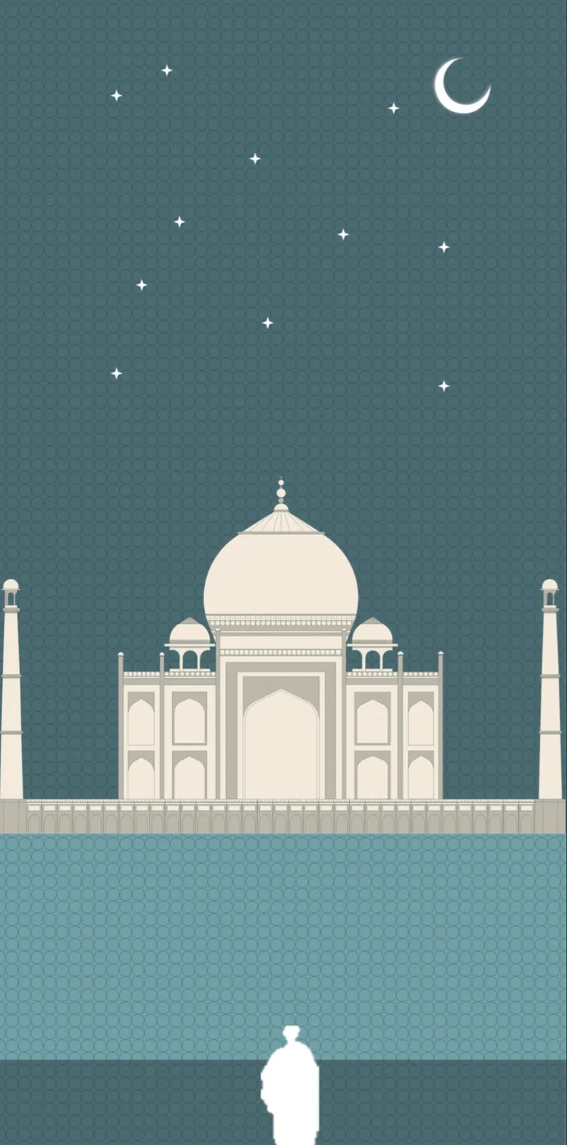 Elevation drawing of the domed structure with flanking minarets under a night sky with crescent moon