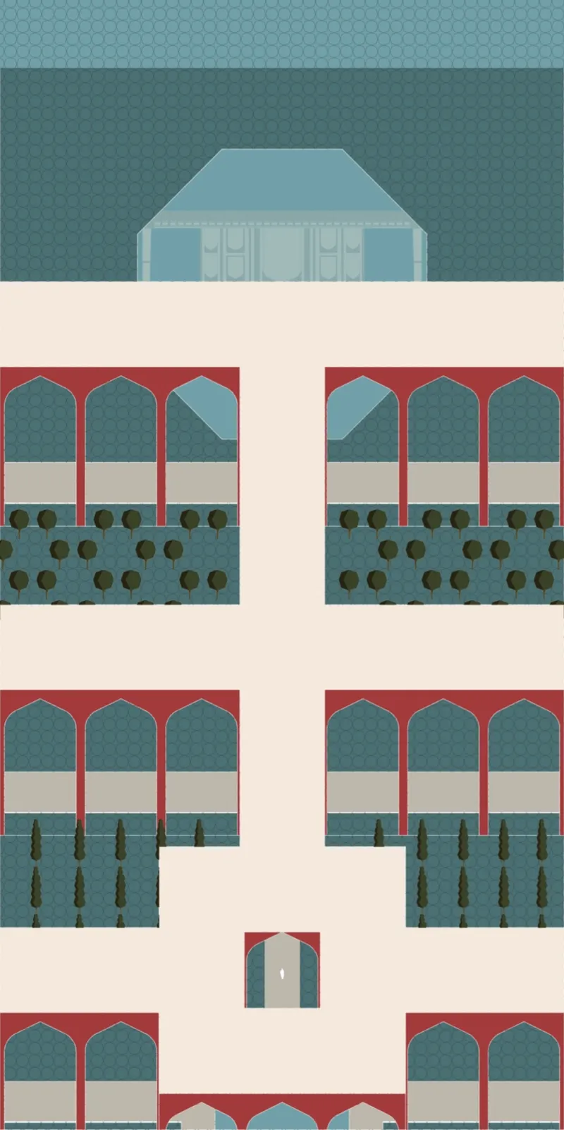 Plan drawing detail showing quadrants of arched galleries surrounding planted garden beds with trees