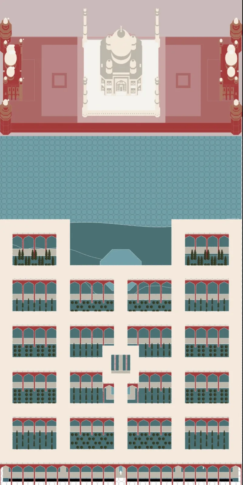 Site plan drawing showing the domed structure flanked by symmetrical garden quadrants with geometric tree grids