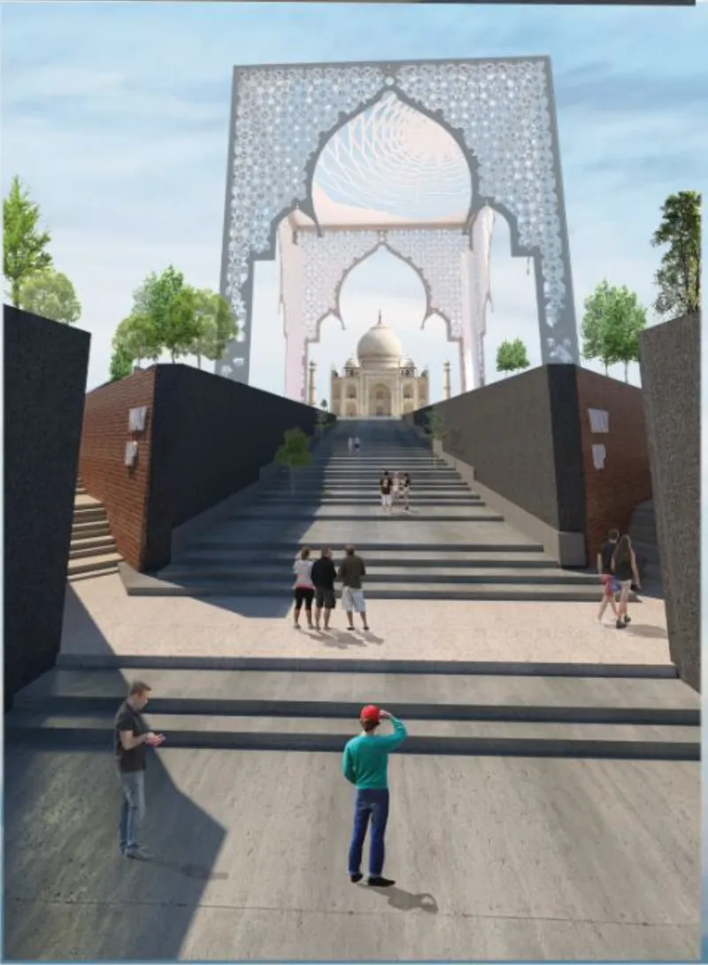 Ascending stair passage between flanking walls framing a perforated arch portal with visitors climbing in daylight