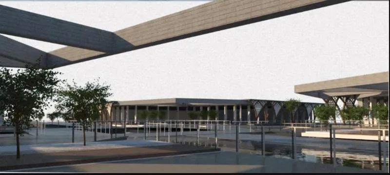 Paved plaza with reflecting pools and colonnaded pavilion framed by crossing timber canopies overhead