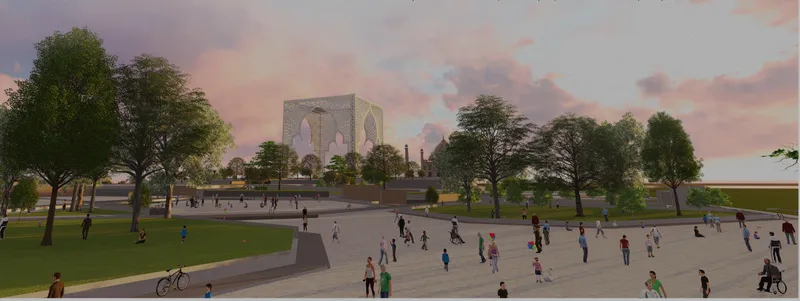 Park plaza with walking paths and scattered trees leading toward a monumental arched gateway at dusk